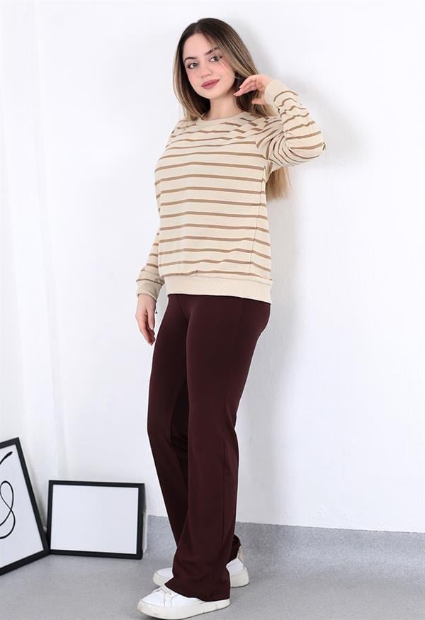 Çizgili Sweatshirt Bej Model Kodu 8412