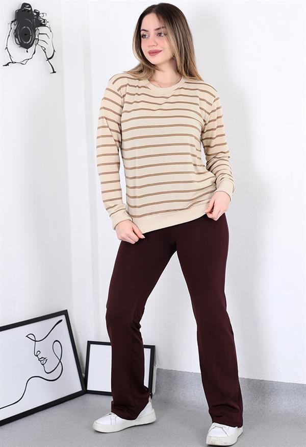 Çizgili Sweatshirt Bej Model Kodu 8412