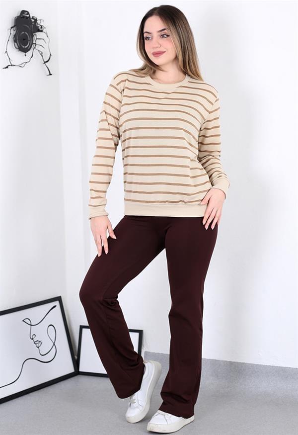 Çizgili Sweatshirt Bej Model Kodu 8412