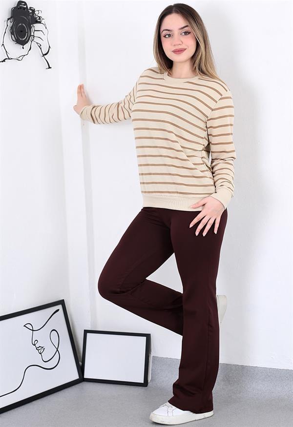 Çizgili Sweatshirt Bej Model Kodu 8412