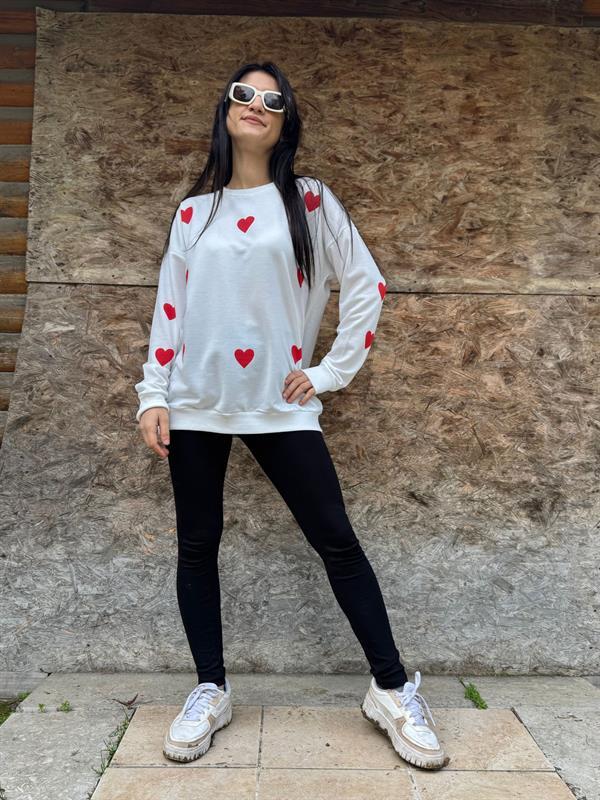 KALP BASKILI BEYAZ İPLİK SWEATSHİRT