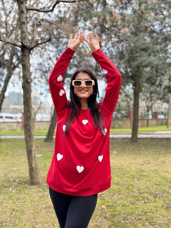 KALP BASKILI KIRMIZI İPLİK SWEATSHİRT