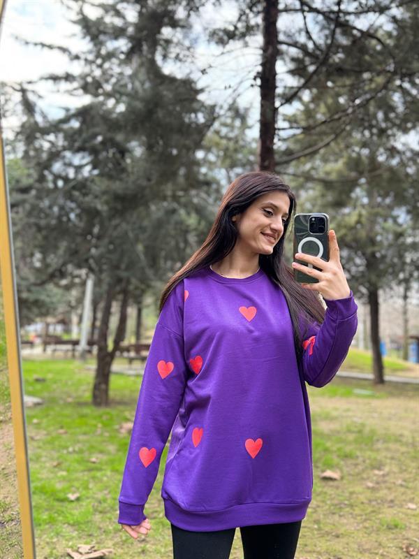KALP BASKILI MOR İPLİK SWEATSHİRT