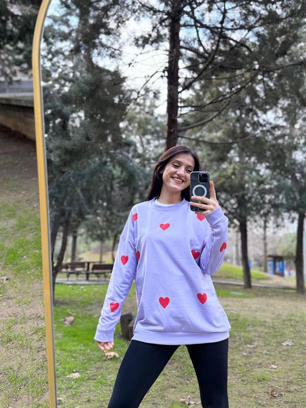 KALP BASKILI MOR İPLİK SWEATSHİRT
