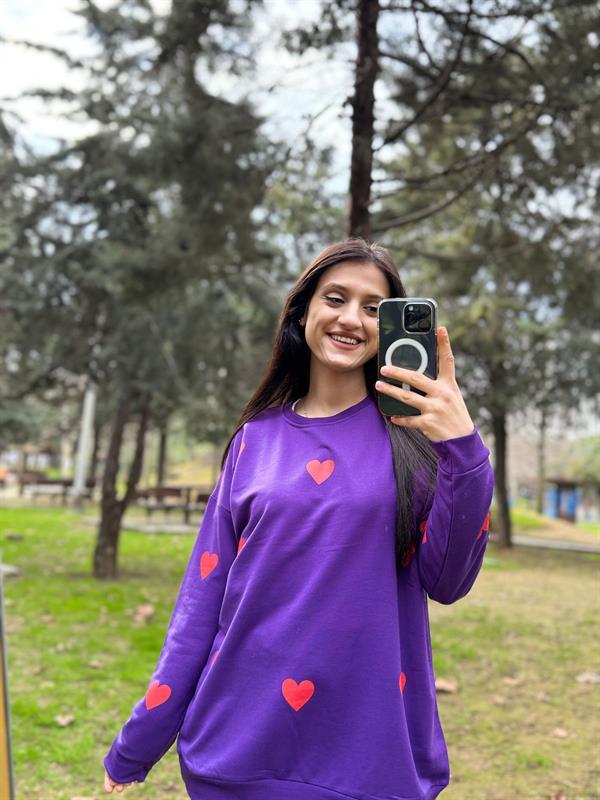 KALP BASKILI MOR İPLİK SWEATSHİRT