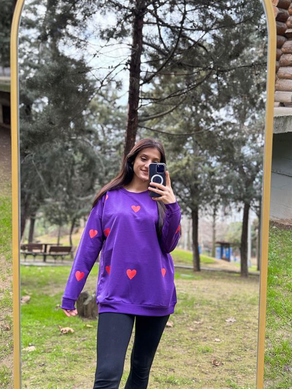 KALP BASKILI MOR İPLİK SWEATSHİRT