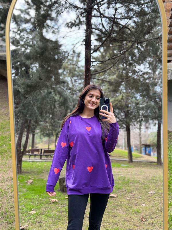 KALP BASKILI MOR İPLİK SWEATSHİRT