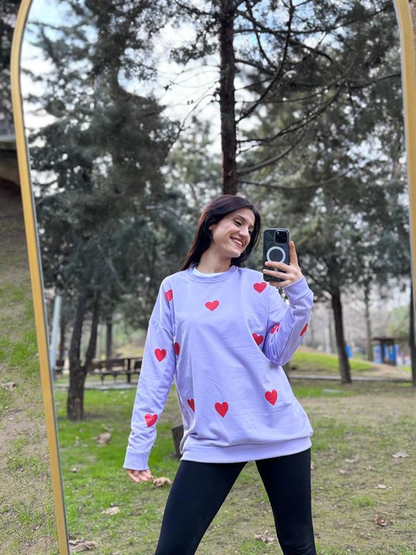 KALP BASKILI MOR İPLİK SWEATSHİRT