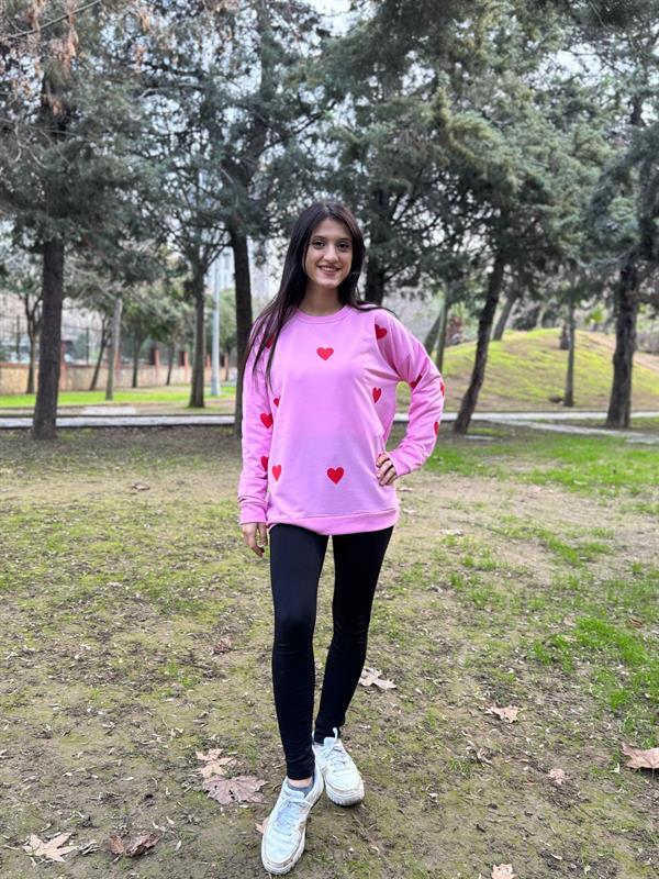 KALP BASKILI PEMBE İPLİK SWEATSHİRT