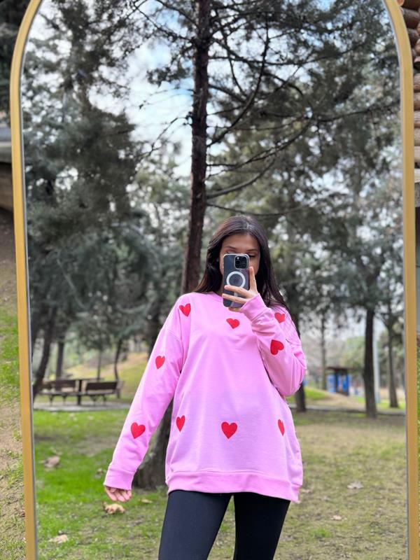 KALP BASKILI PEMBE İPLİK SWEATSHİRT