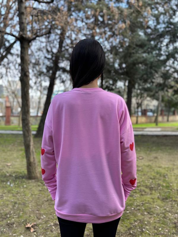 KALP BASKILI PEMBE İPLİK SWEATSHİRT