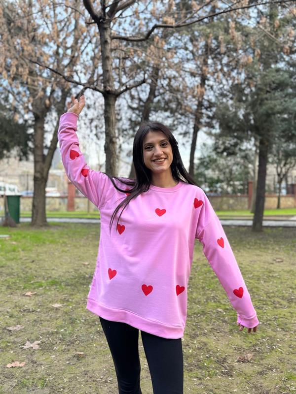 KALP BASKILI PEMBE İPLİK SWEATSHİRT