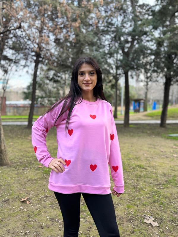 KALP BASKILI PEMBE İPLİK SWEATSHİRT