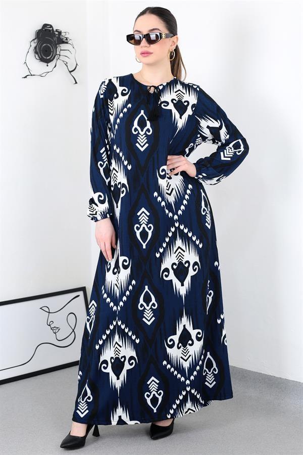 LACİVERT BOHO PÜSKÜLLÜ BATTAL ELBİSE8461