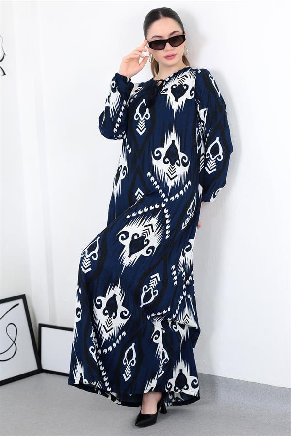 LACİVERT BOHO PÜSKÜLLÜ BATTAL ELBİSE8461