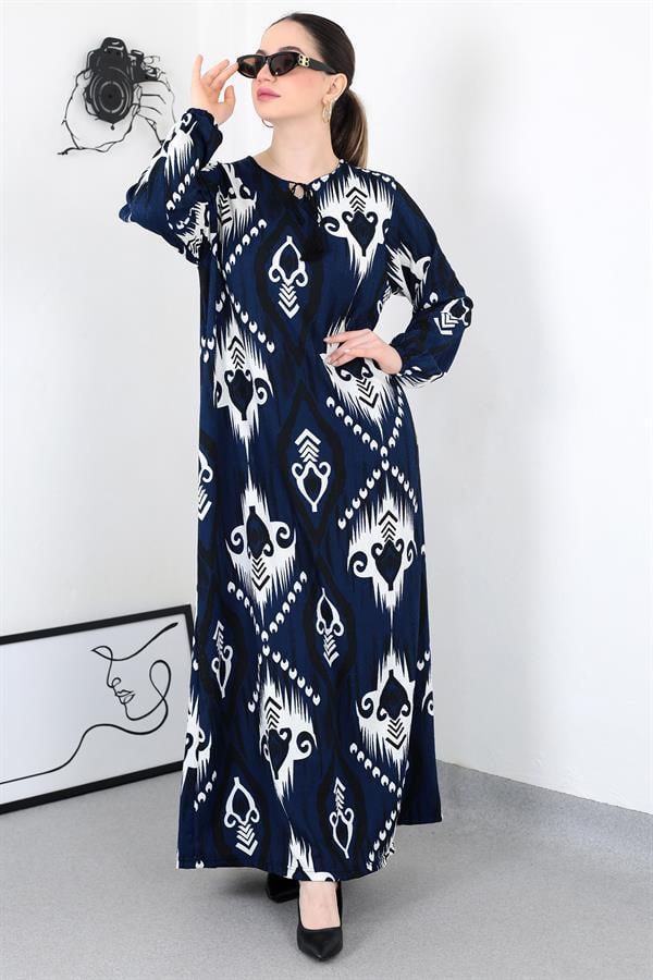 LACİVERT BOHO PÜSKÜLLÜ BATTAL ELBİSE8461