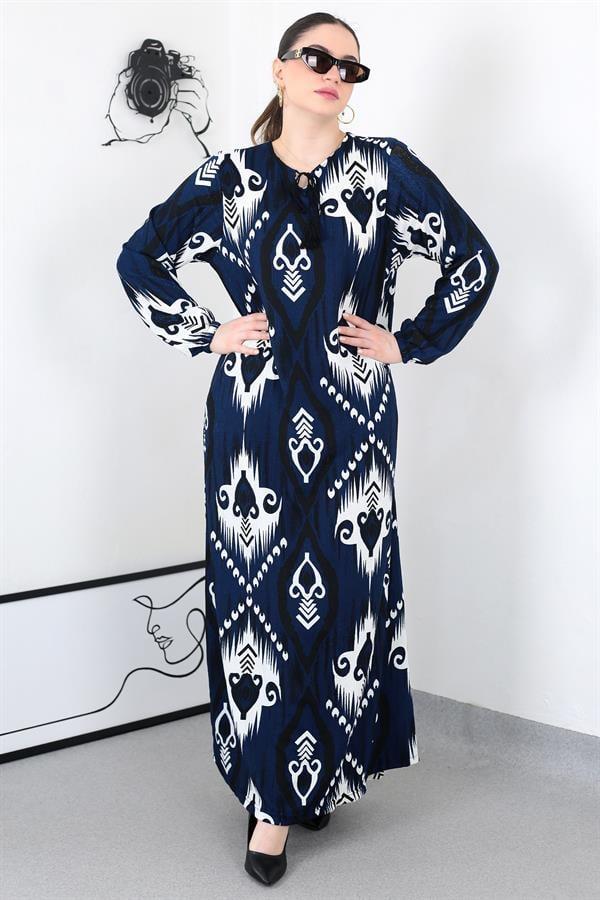 LACİVERT BOHO PÜSKÜLLÜ BATTAL ELBİSE8461