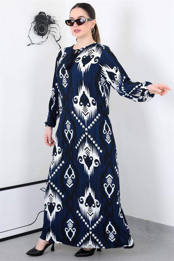LACİVERT BOHO PÜSKÜLLÜ BATTAL ELBİSE8461