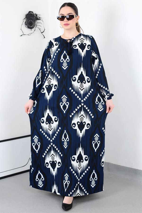 LACİVERT BOHO PÜSKÜLLÜ BATTAL ELBİSE8461
