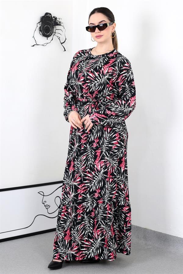 PEMBE YAPRAK DESEN KUŞAKLI ELBİSE 8462