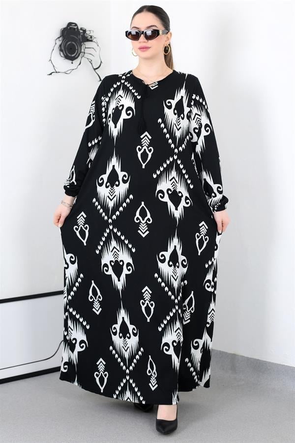 SİYAH BOHO PÜSKÜLLÜ BATTAL ELBİSE8461