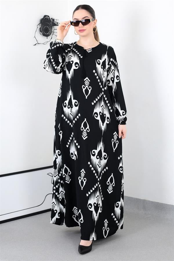 SİYAH BOHO PÜSKÜLLÜ BATTAL ELBİSE8461