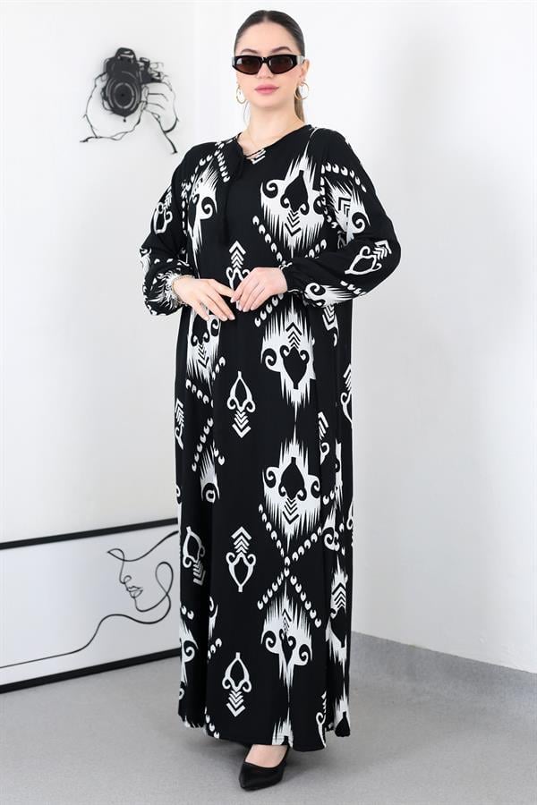 SİYAH BOHO PÜSKÜLLÜ BATTAL ELBİSE8461