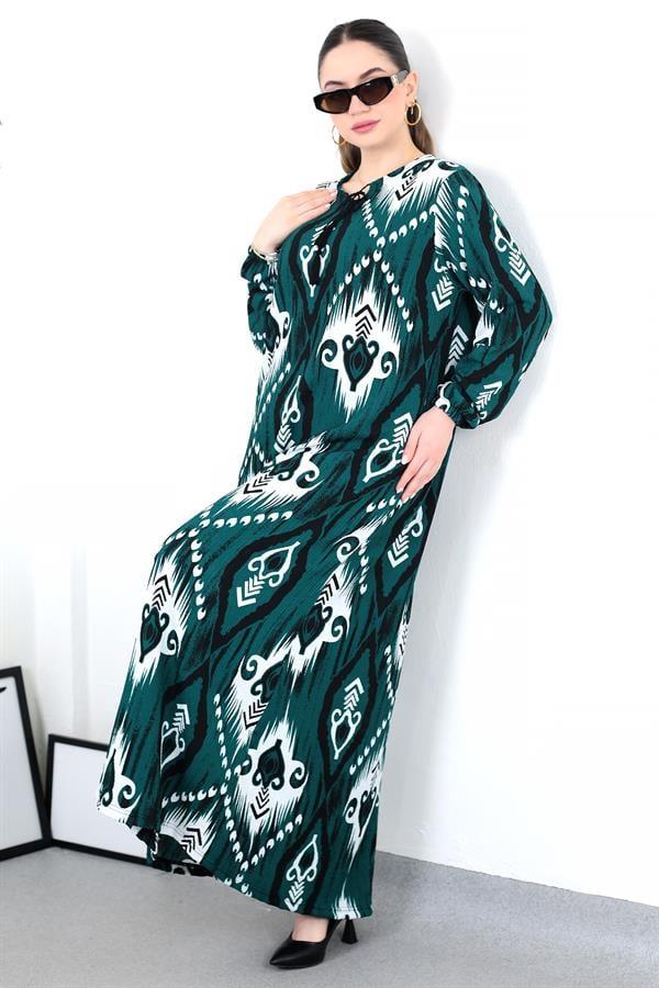 ZÜMRÜT BOHO PÜSKÜLLÜ BATTAL ELBİSE8461