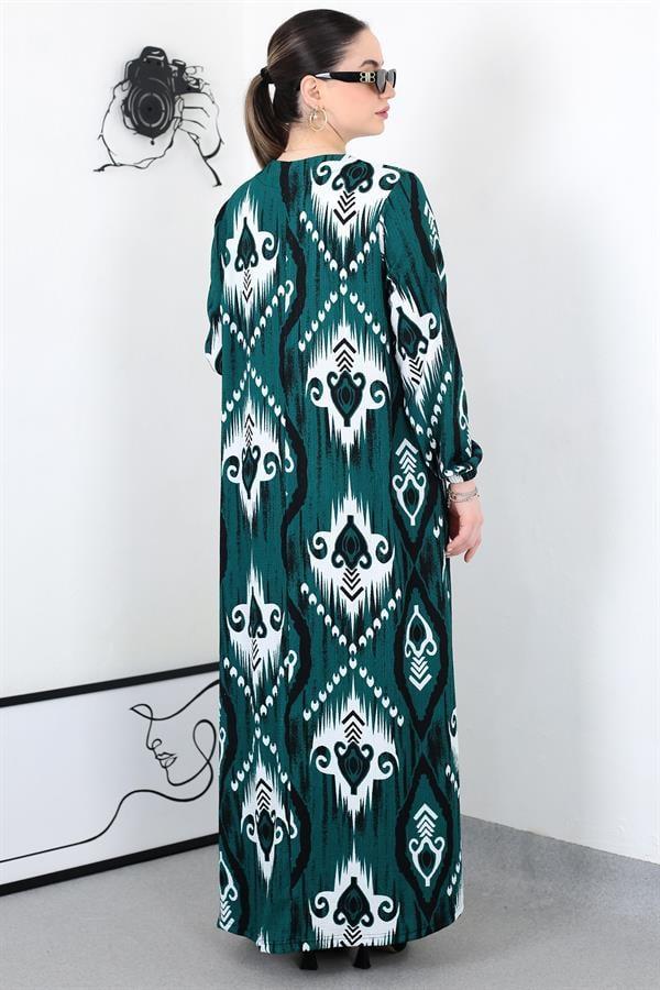 ZÜMRÜT BOHO PÜSKÜLLÜ BATTAL ELBİSE8461