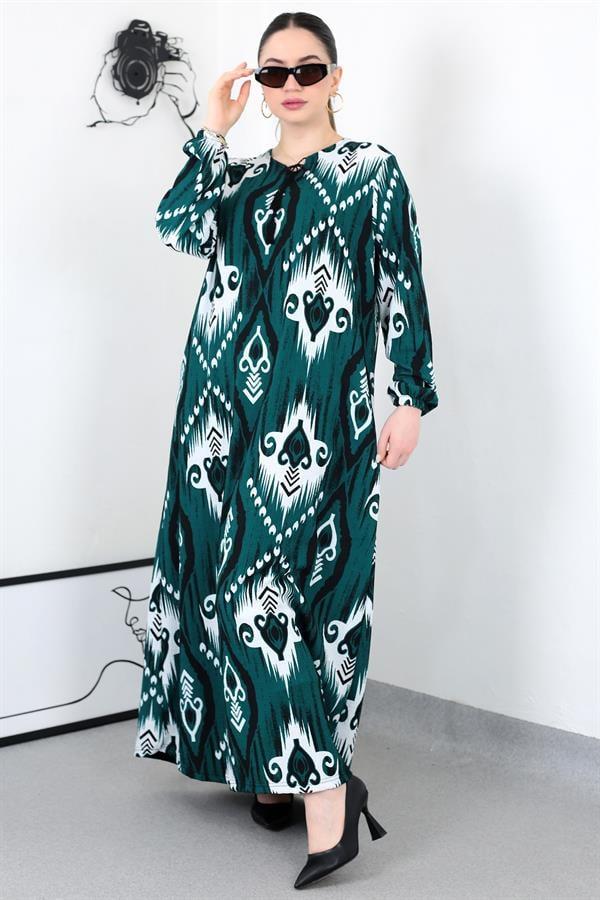 ZÜMRÜT BOHO PÜSKÜLLÜ BATTAL ELBİSE8461