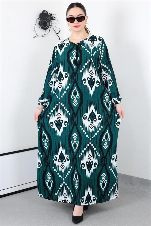 ZÜMRÜT BOHO PÜSKÜLLÜ BATTAL ELBİSE8461
