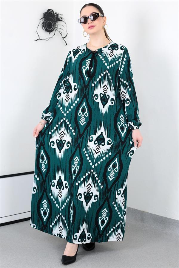 ZÜMRÜT BOHO PÜSKÜLLÜ BATTAL ELBİSE8461