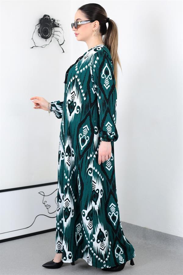 ZÜMRÜT BOHO PÜSKÜLLÜ BATTAL ELBİSE8461