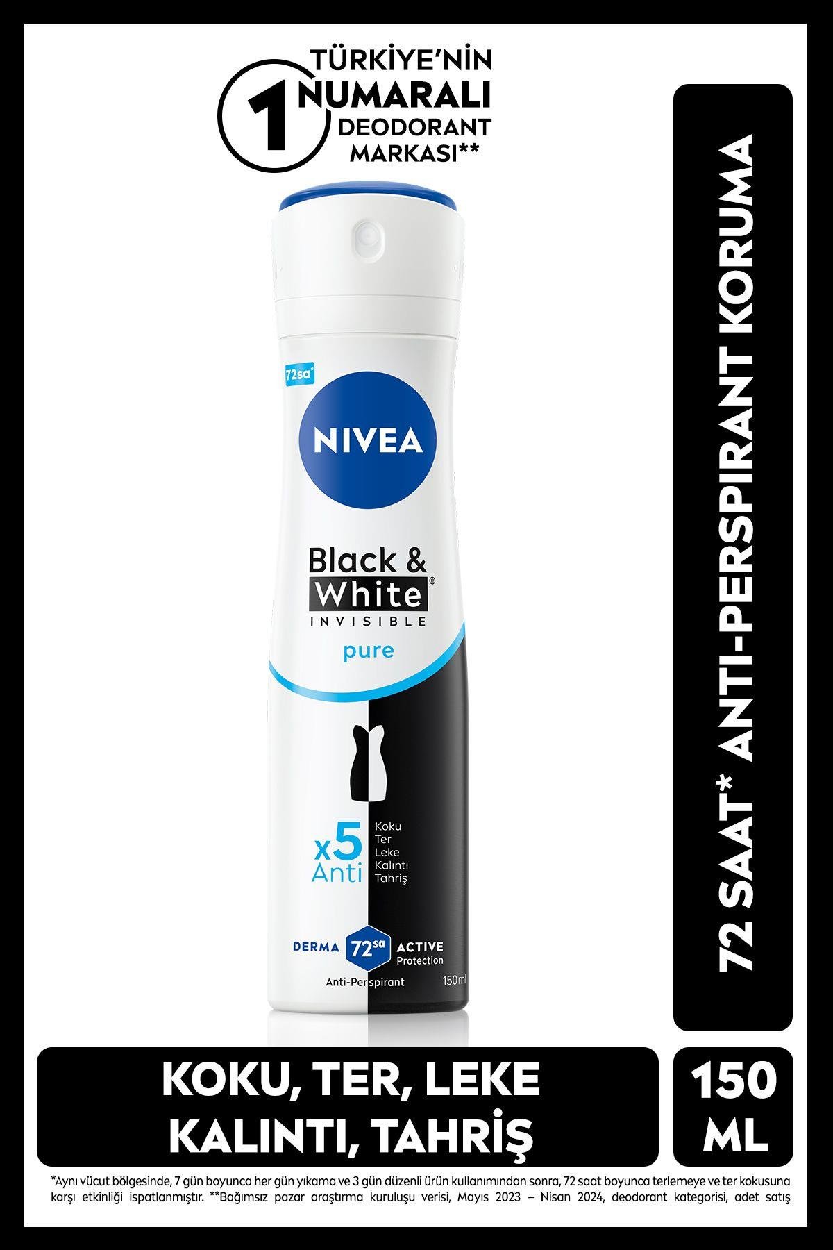 Kadın Sprey Deodorant Black&White Invisible Pure 150ml, 72 Saat Anti-perspirant Ter Koruması