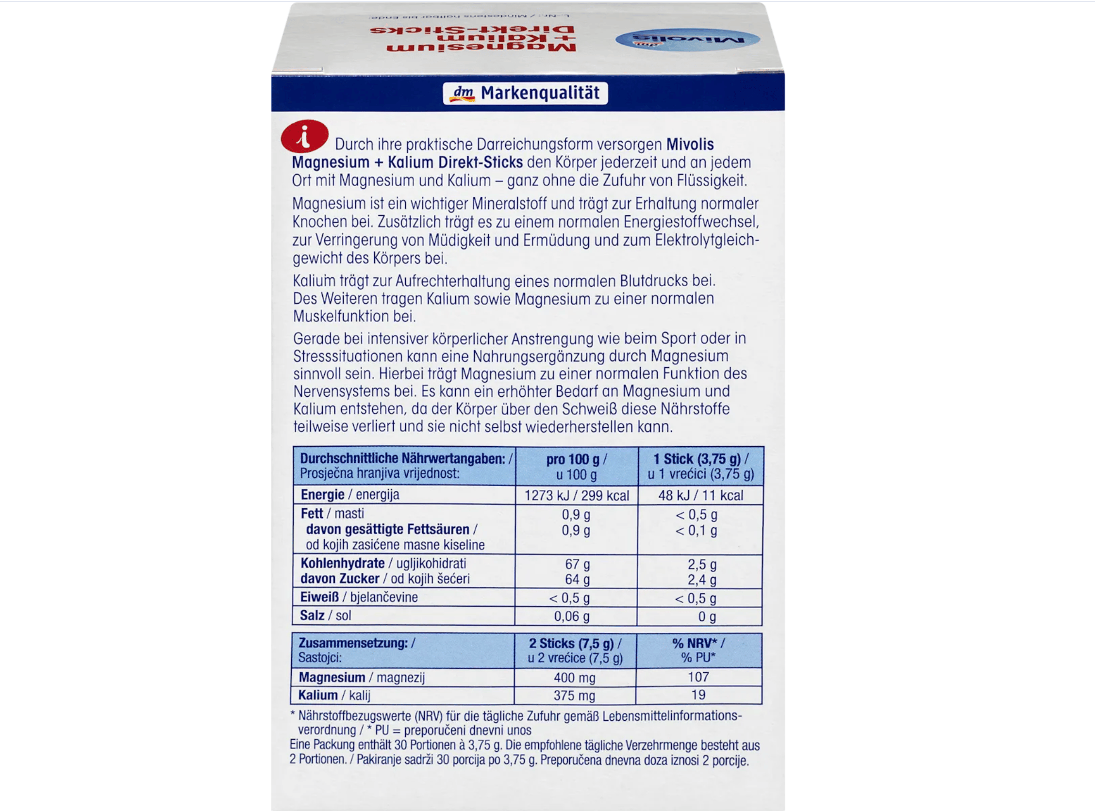 Mivolis Magnezyum + Potasyum Doğrudan Çubuklar 30 St, 112,5 g