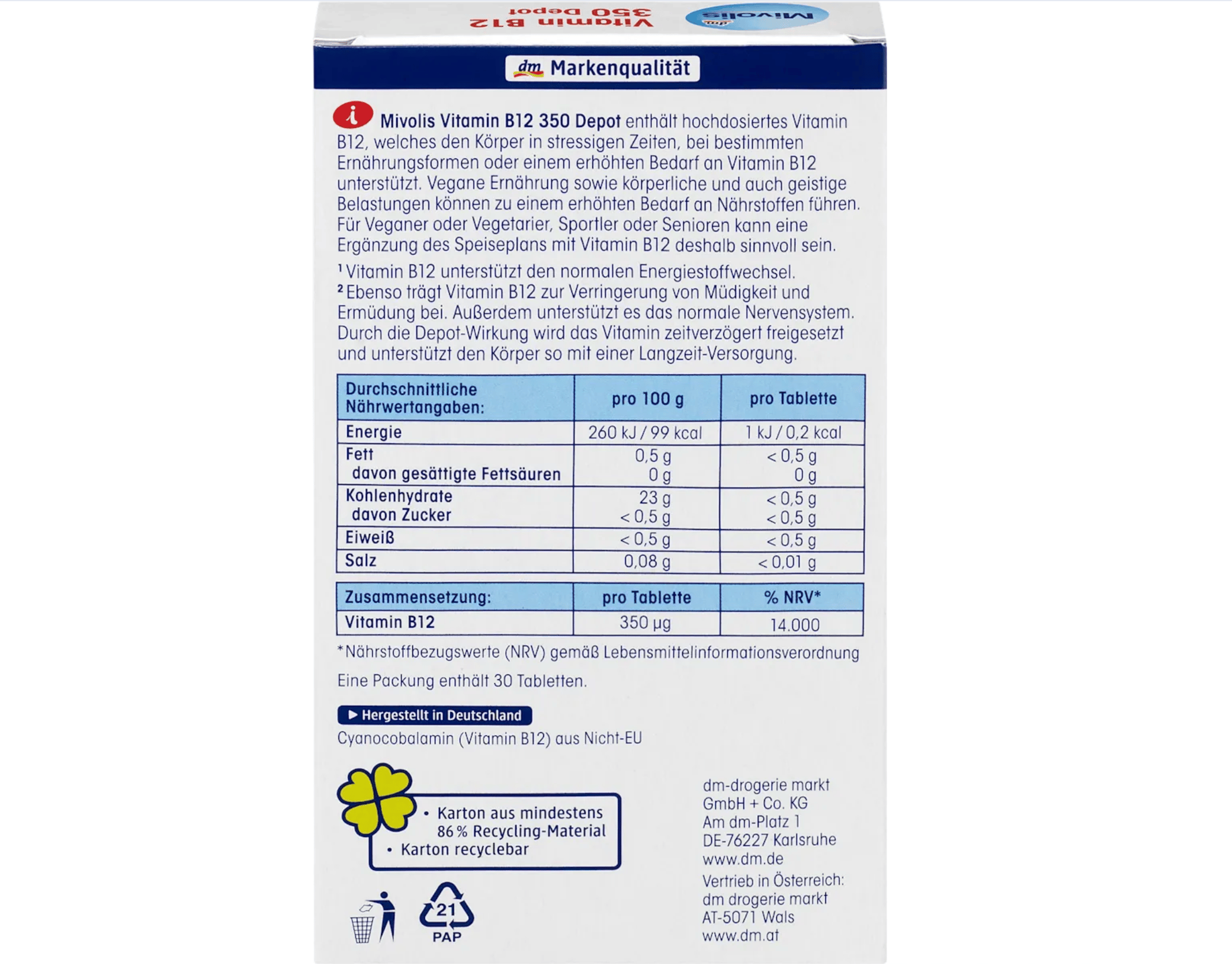 Vitamin B12 350 Depot, 30 Mini-Tabletten, 6 g
