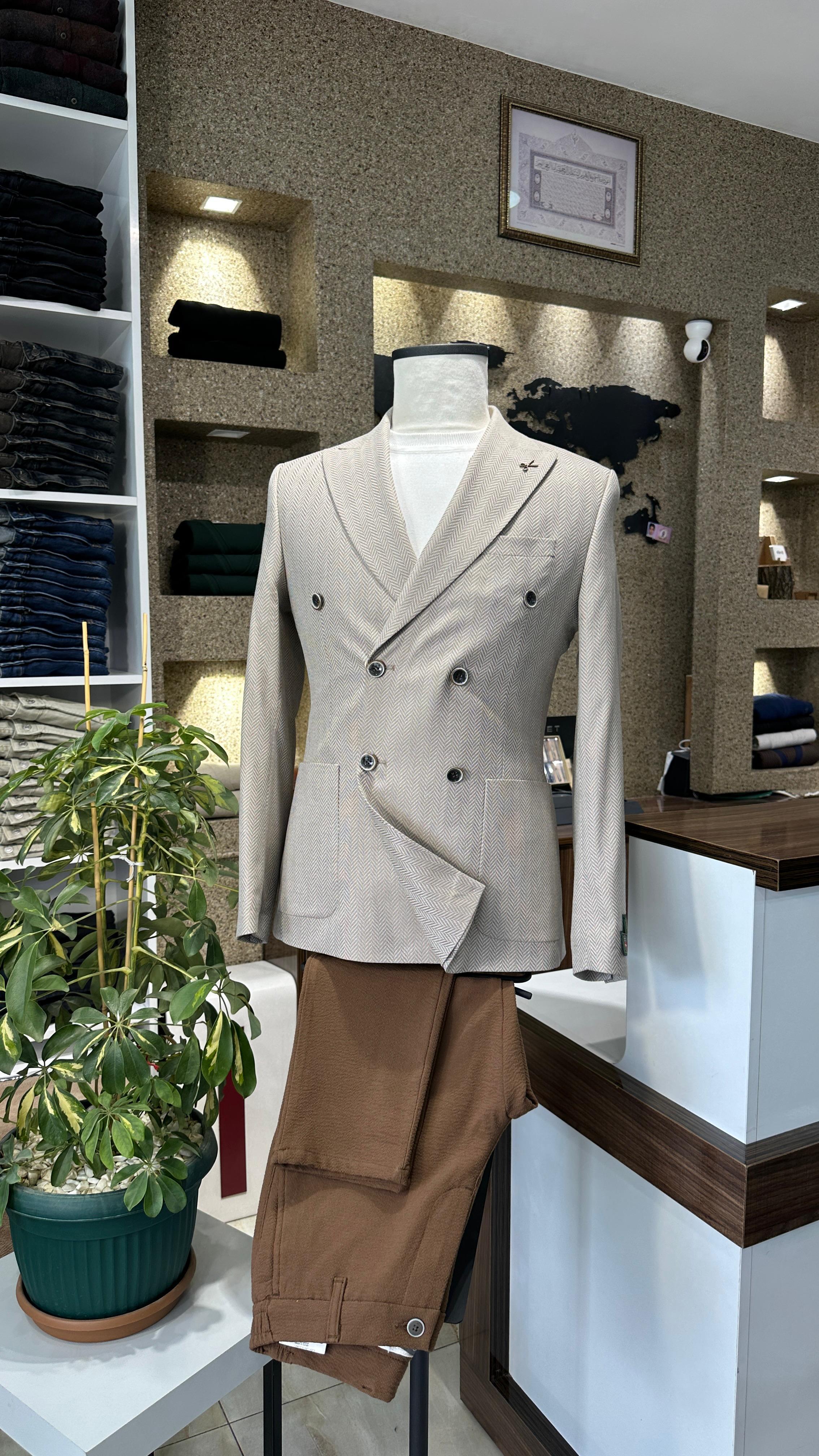 Bej Kruvaze Slim Fit Erkek Ceket (Astarsız)