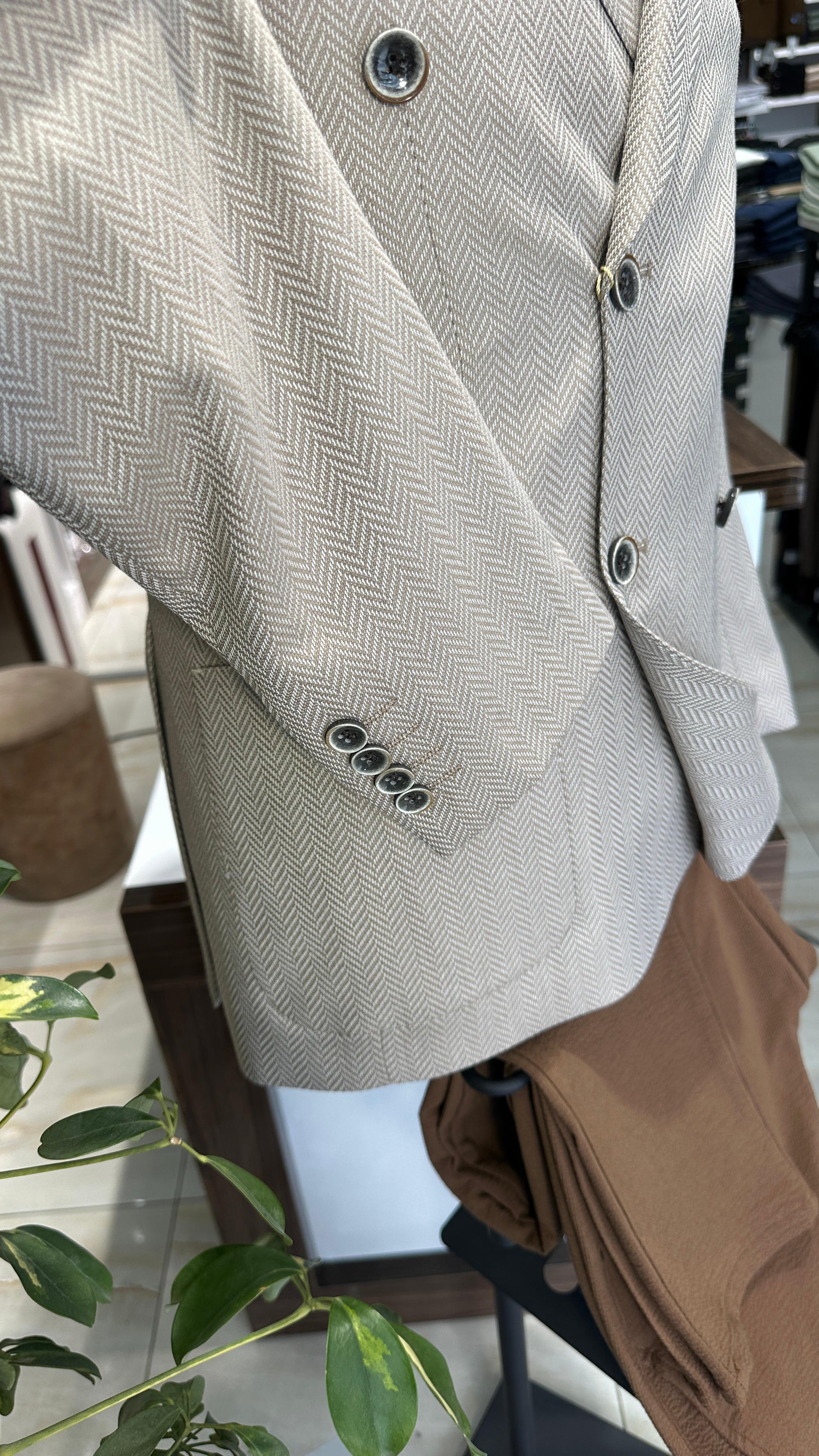 Bej Kruvaze Slim Fit Erkek Ceket (Astarsız)