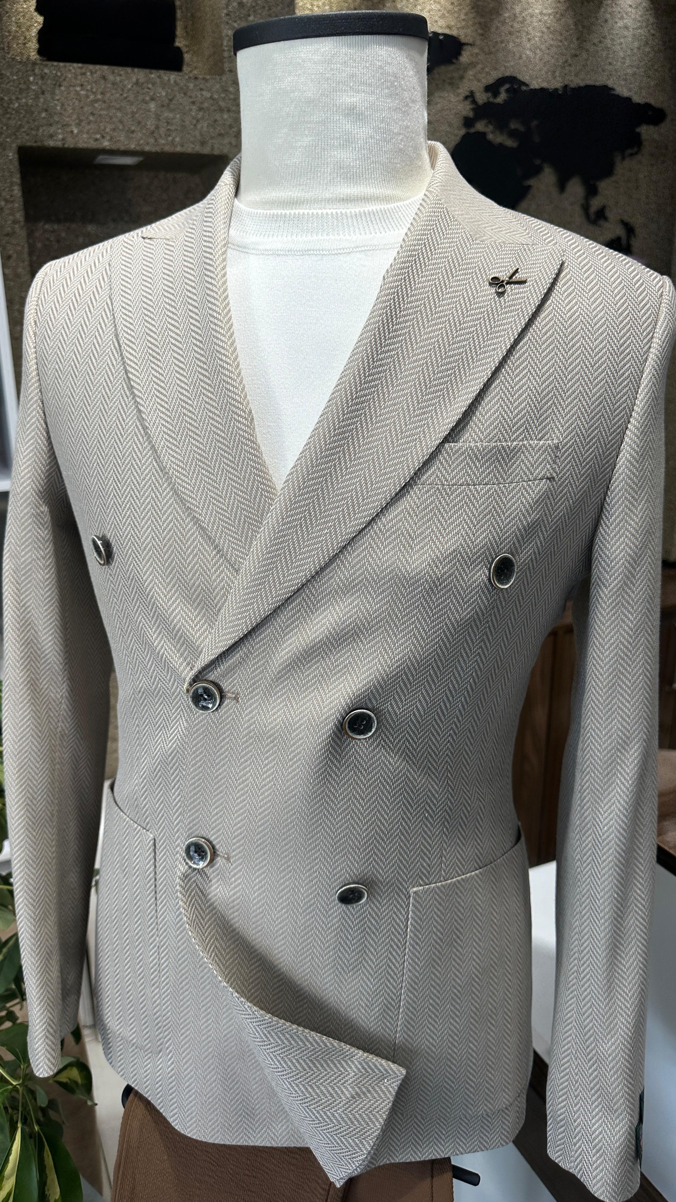 Bej Kruvaze Slim Fit Erkek Ceket (Astarsız)