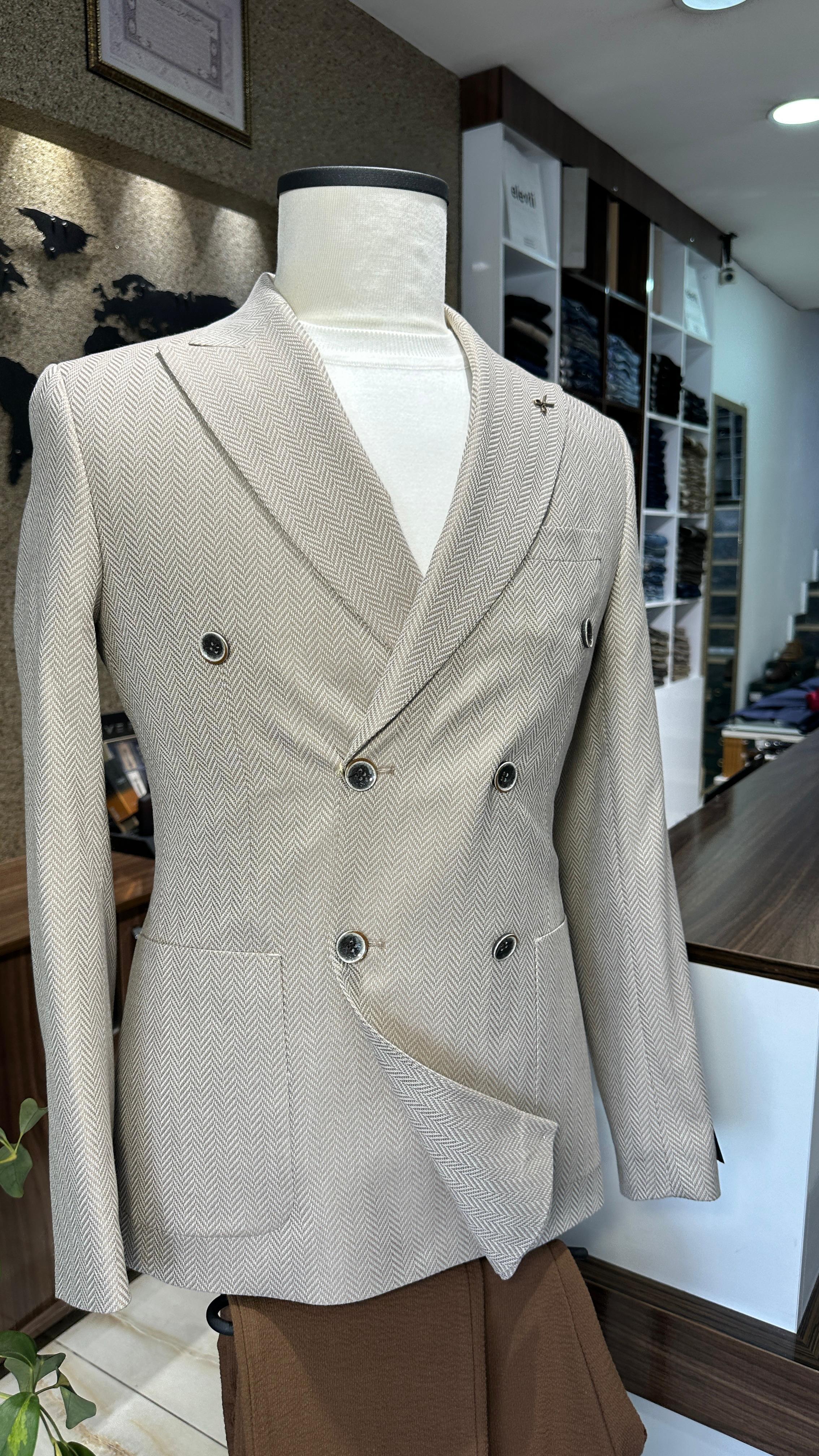 Bej Kruvaze Slim Fit Erkek Ceket (Astarsız)