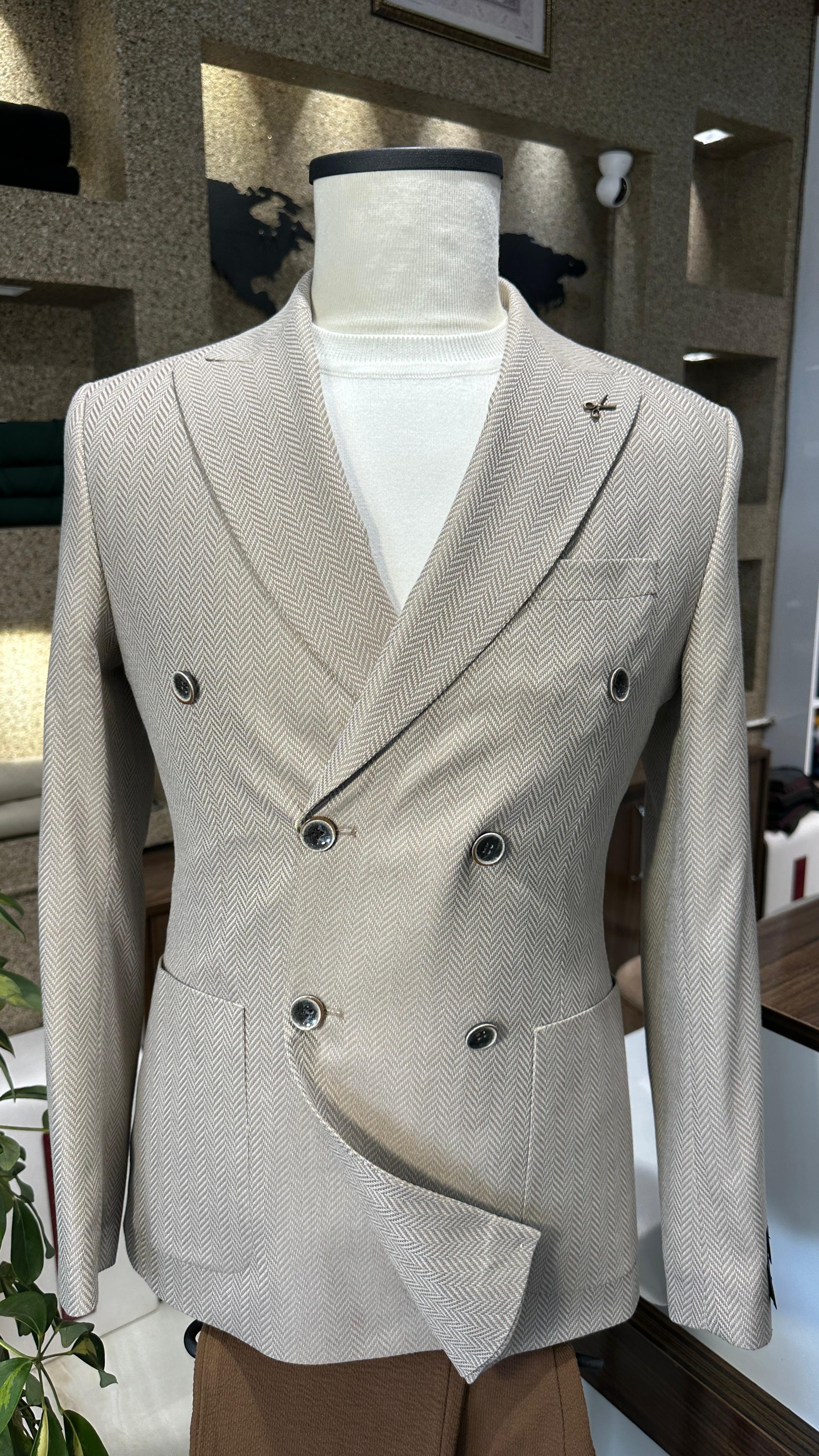 Bej Kruvaze Slim Fit Erkek Ceket (Astarsız)