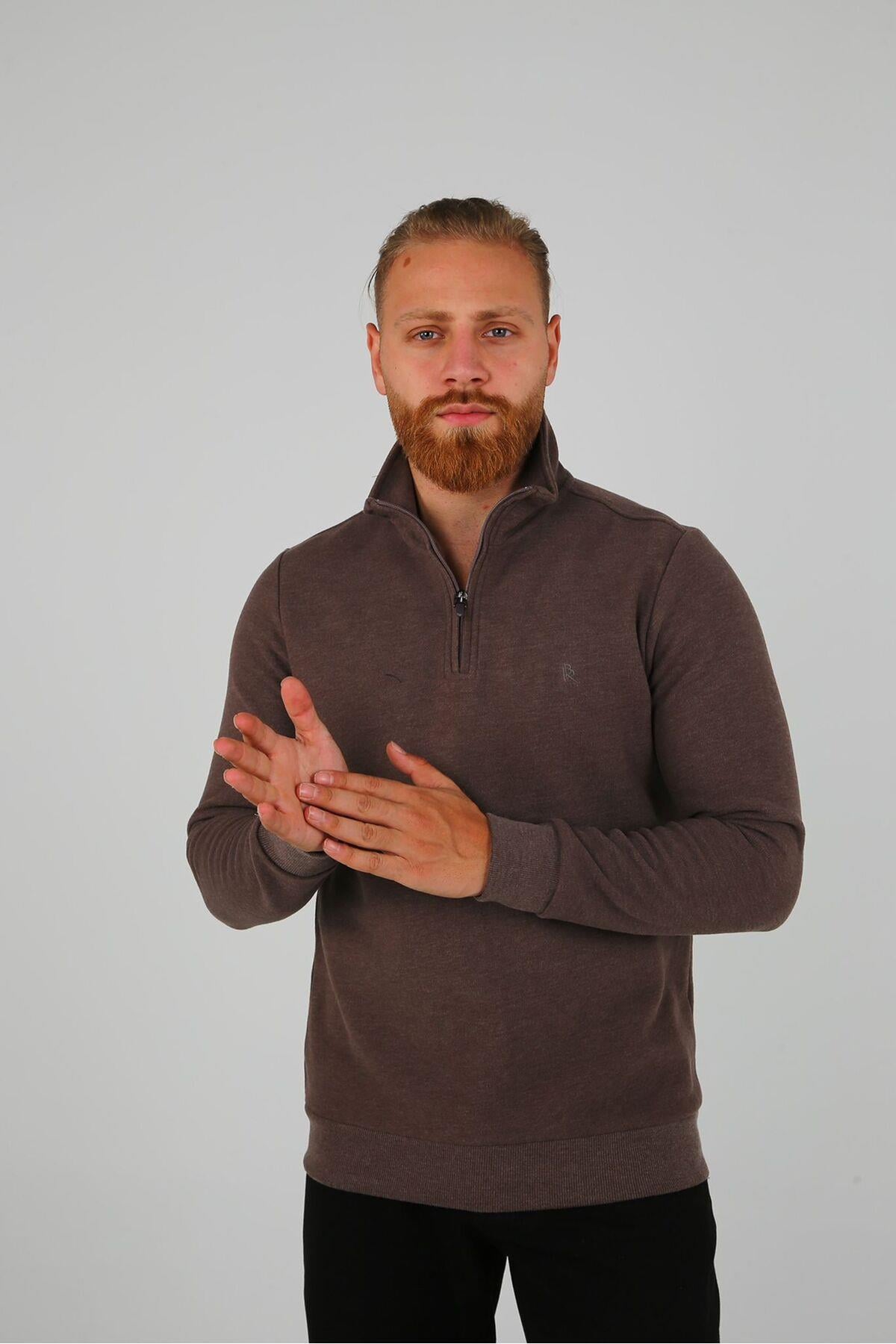 DİK YAKA FERMUARLI SELANİK KUMAŞ SWEATSHİRT