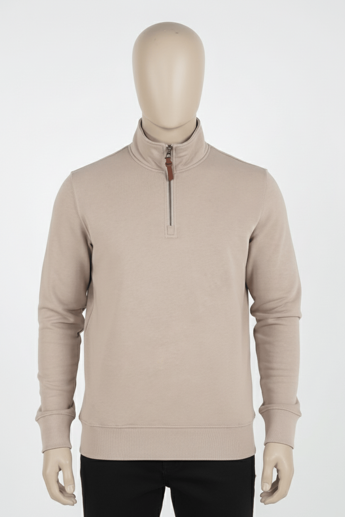 Erkek Dik Yaka Fermuarlı Slim Fit Sweatshirt BEJ
