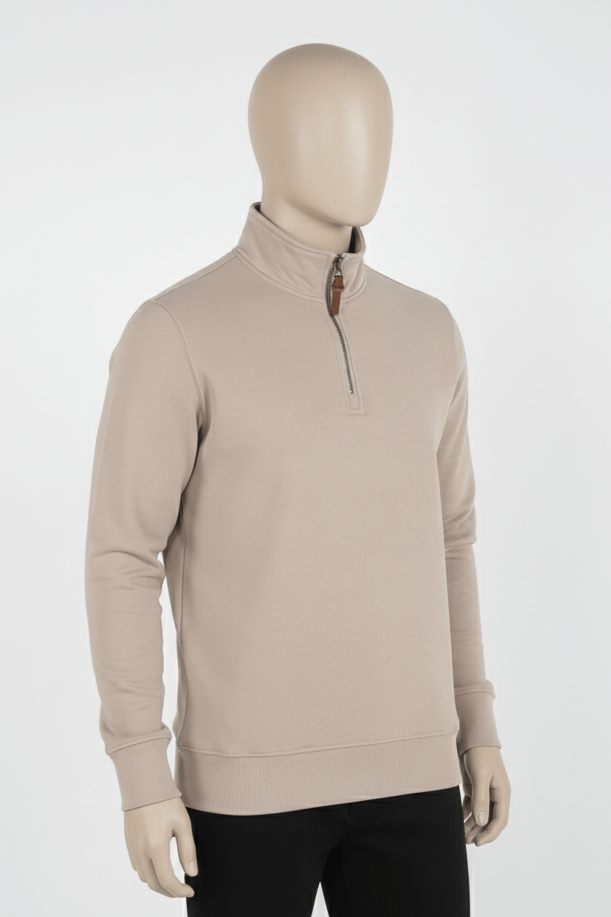 Erkek Dik Yaka Fermuarlı Slim Fit Sweatshirt BEJ
