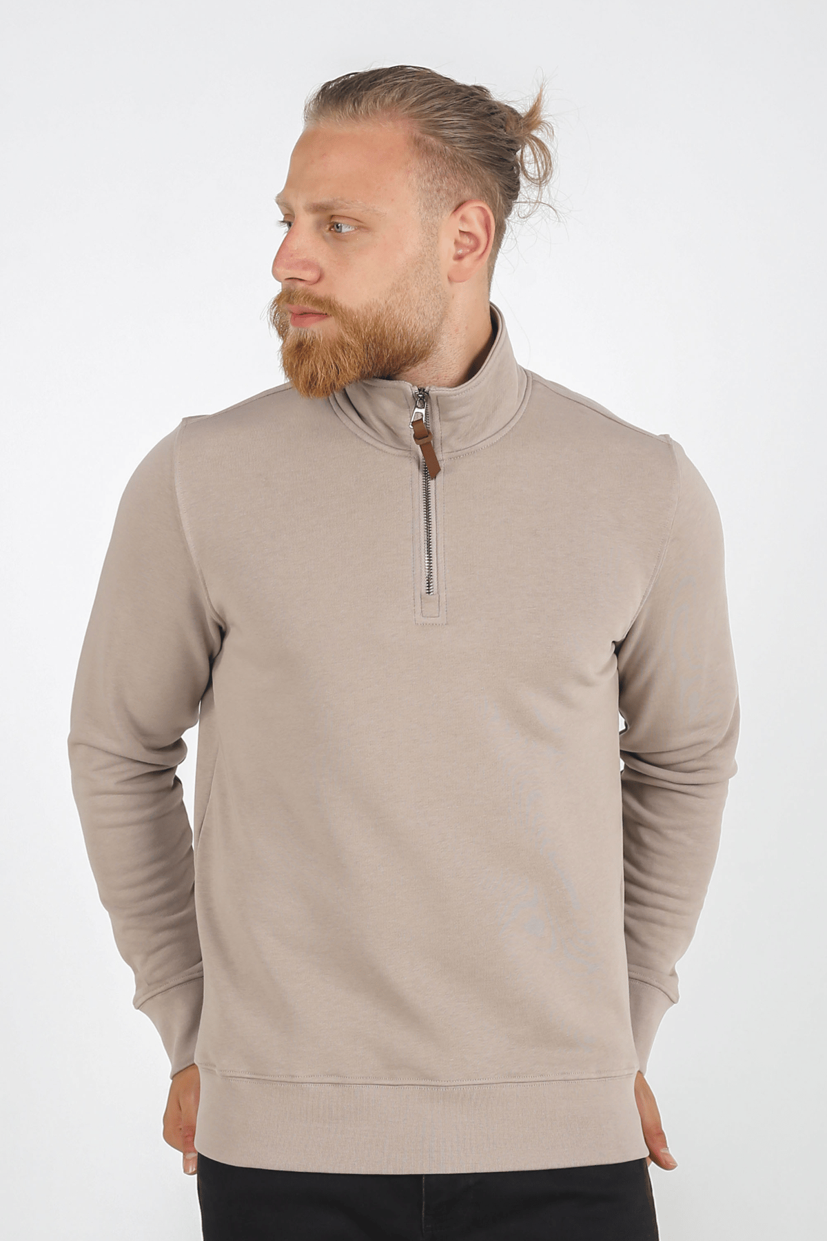 Erkek Dik Yaka Fermuarlı Slim Fit Sweatshirt BEJ