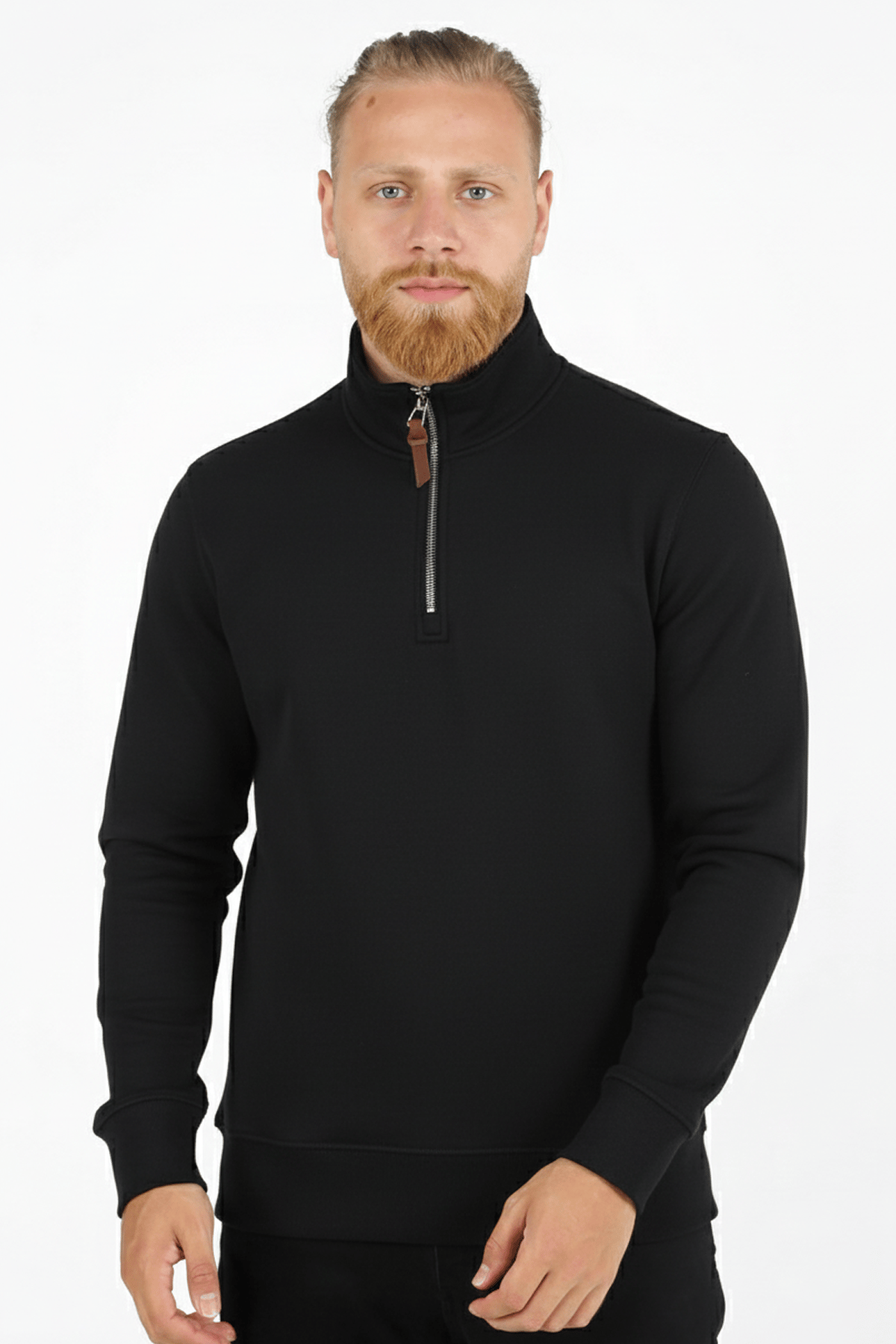 Erkek Dik Yaka Fermuarlı Slim Fit Sweatshirt SİYAH