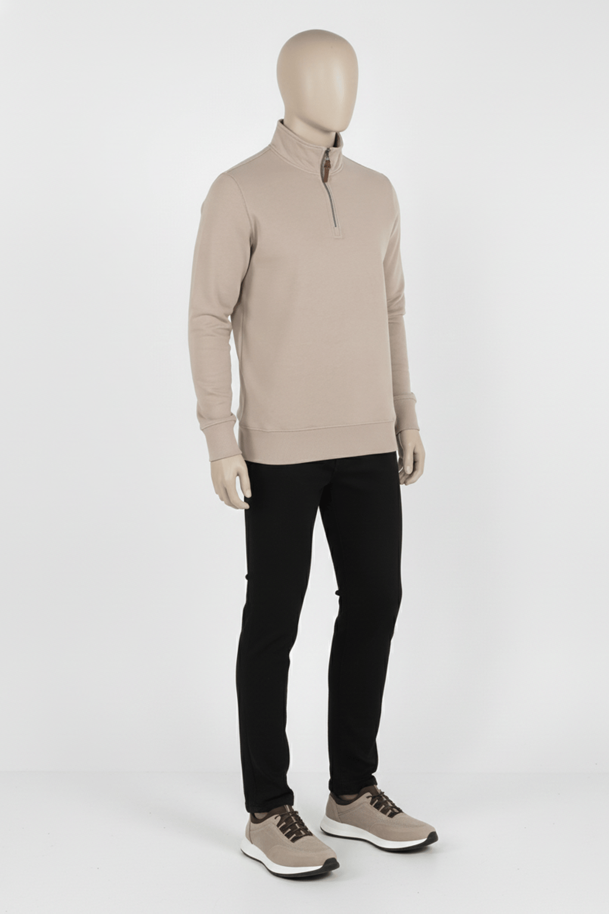 Erkek Dik Yaka Fermuarlı Slim Fit Sweatshirt BEJ