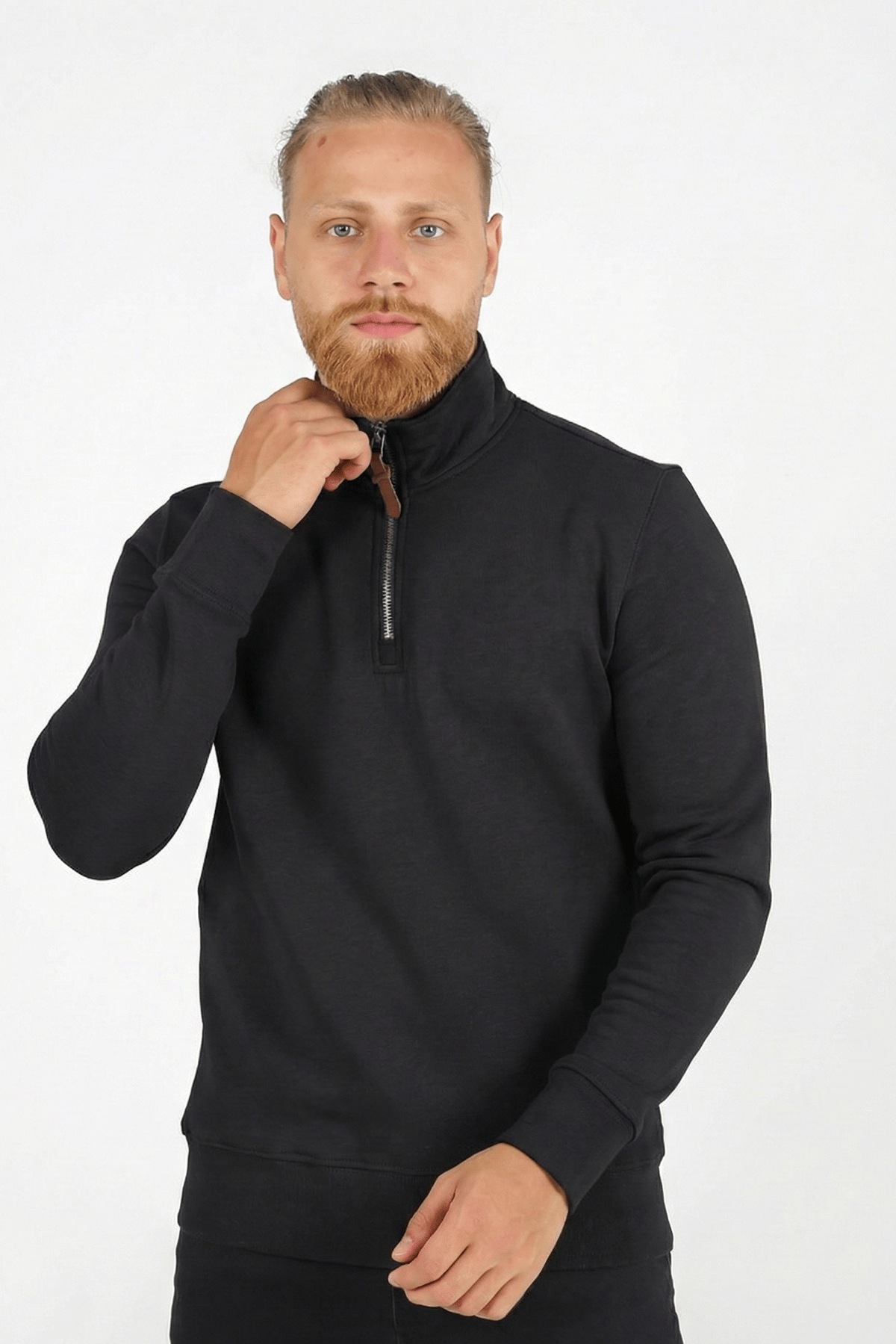 Erkek Dik Yaka Fermuarlı Slim Fit Sweatshirt SİYAH