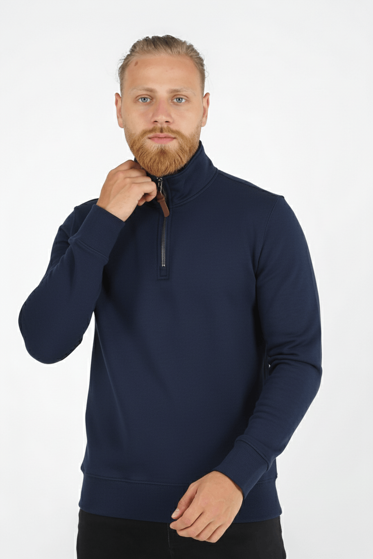 Erkek Dik Yaka Fermuarlı Slim Fit Sweatshirt LACİVERT