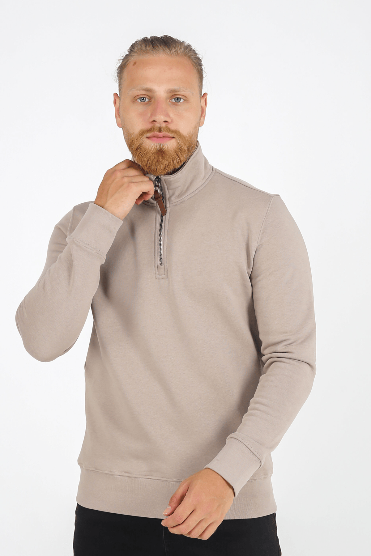 Erkek Dik Yaka Fermuarlı Slim Fit Sweatshirt BEJ